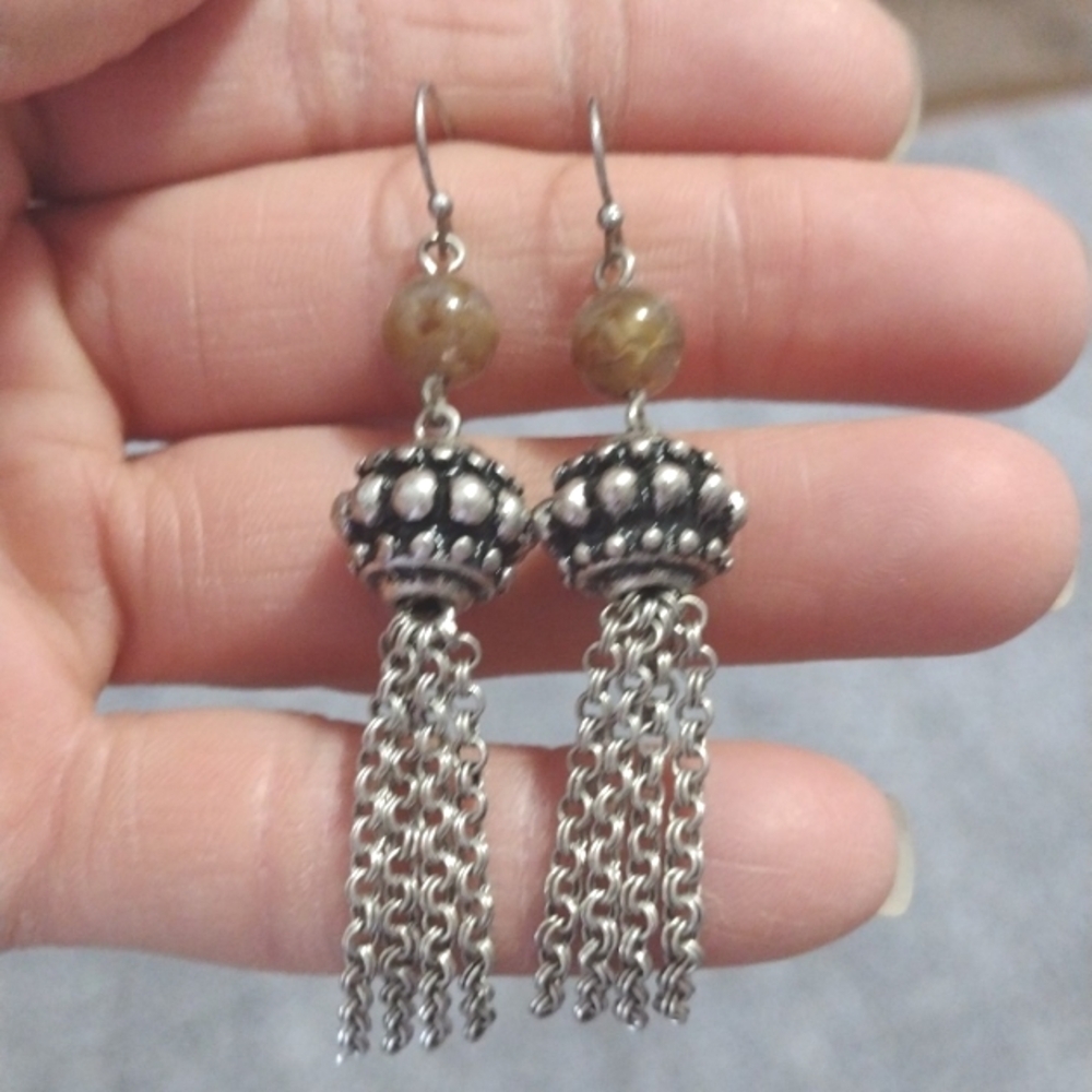 VINTAGE BEADED TASSEL SILVER-TONE DANGLE DROP HOOK 2.5" EARRINGS